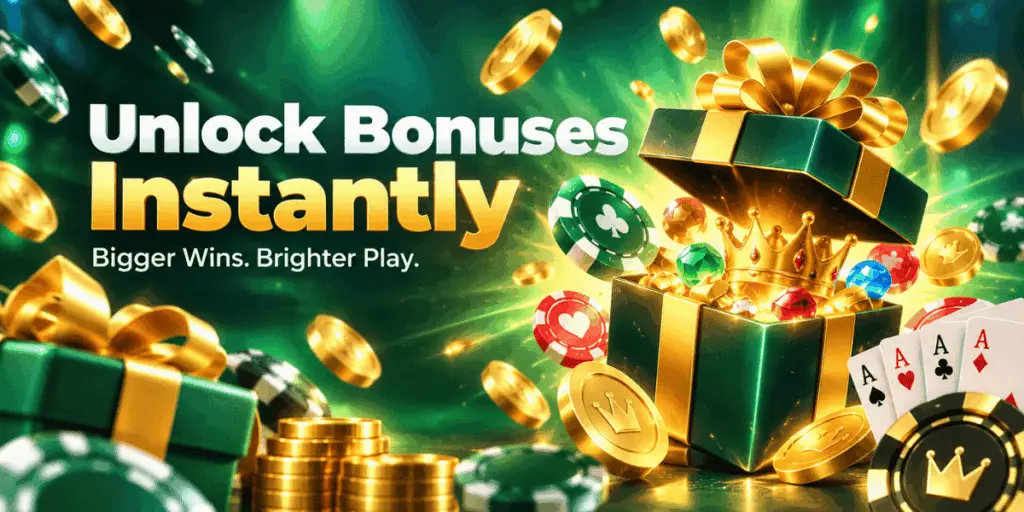Unlock Bonuses Instantly casino promo banner with open green gift boxes exploding with gold crown coins, poker chips, gems and playing cards on emerald green background