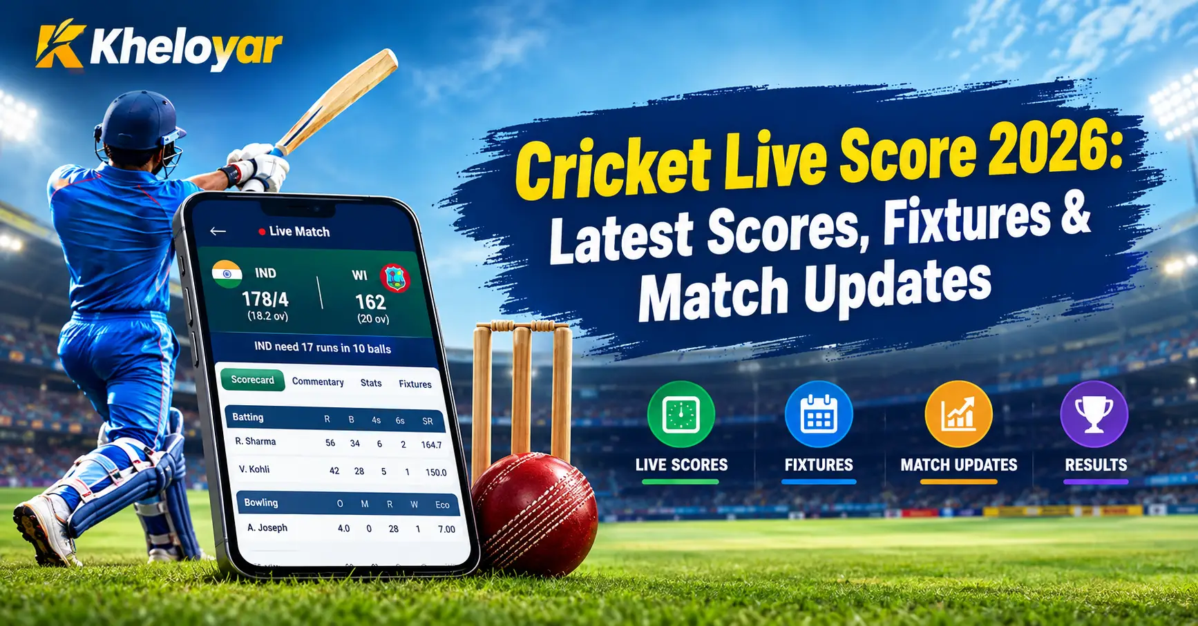 Cricket Live Score 2026 banner featuring a cricket player, live scorecard, cricket ball, stumps, and match updates on Kheloyar.