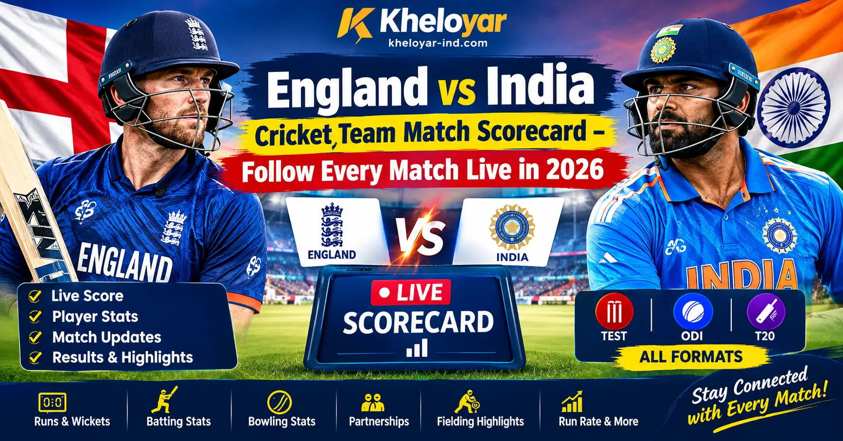 England vs India Live Scorecard 2026 featuring cricket teams, live scores, player stats, match updates, and Test, ODI and T20 formats on Kheloyar.