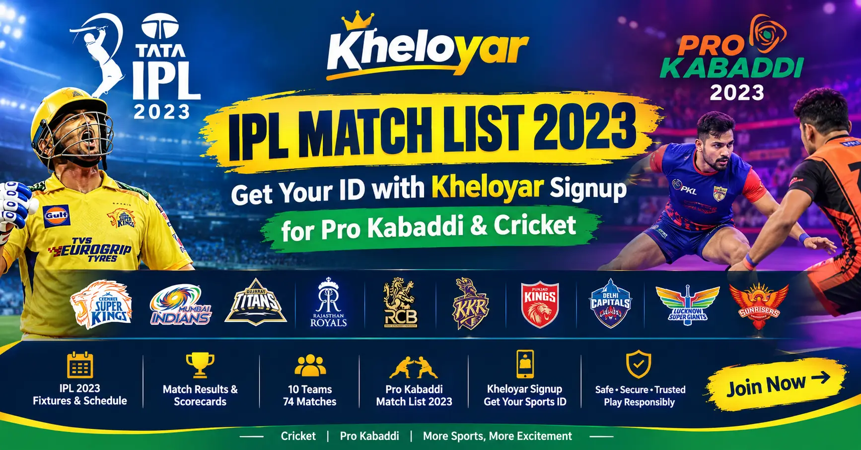 IPL Match List 2023 featuring Kheloyar signup for cricket fixtures, match results, scorecards, and Pro Kabaddi updates.