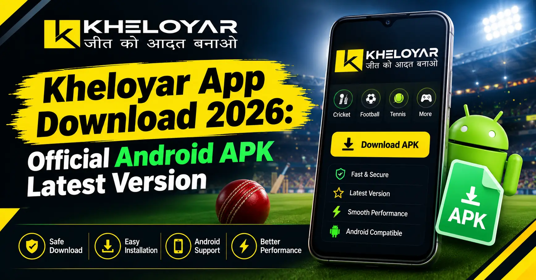 Kheloyar app download 2026 featuring the official Android APK latest version on a smartphone with sports gaming interface