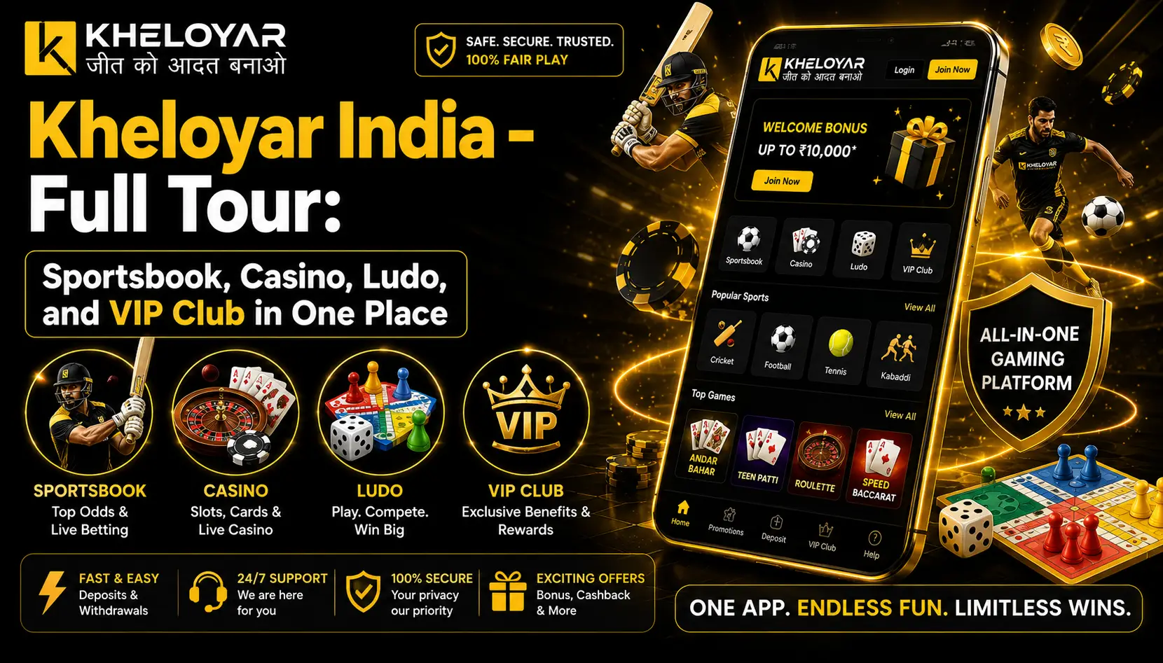 Kheloyar India full tour showing sportsbook, casino, Ludo and VIP Club in one all-in-one gaming platform app