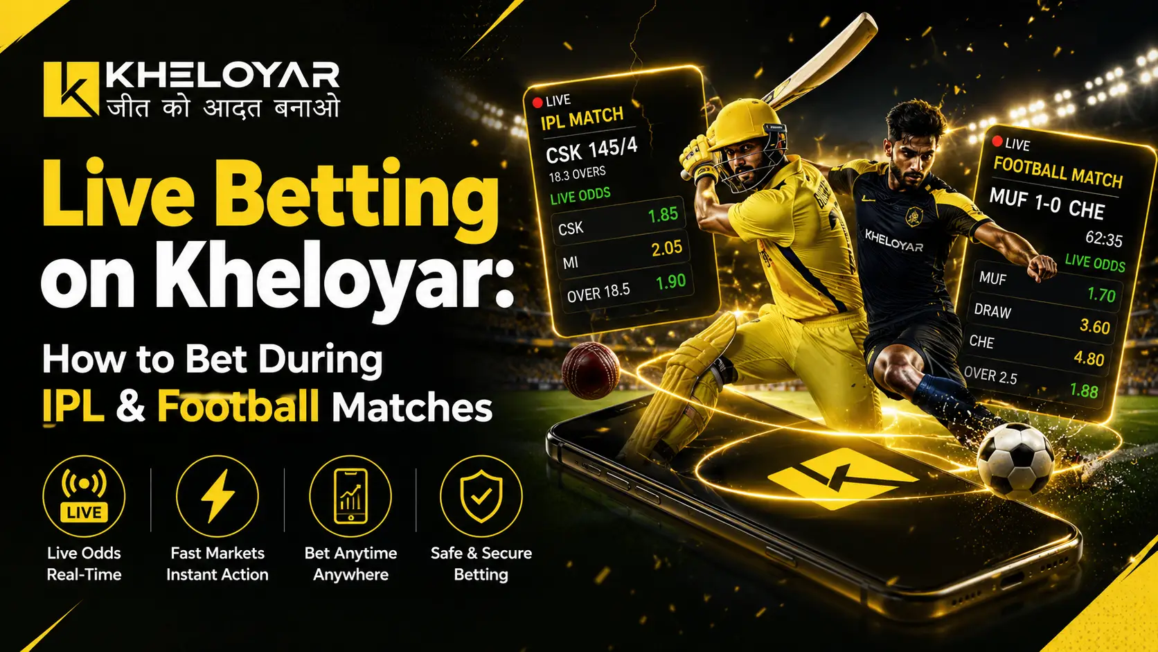Live betting on Kheloyar guide showing IPL and football live odds and in-play betting on Kheloyar app