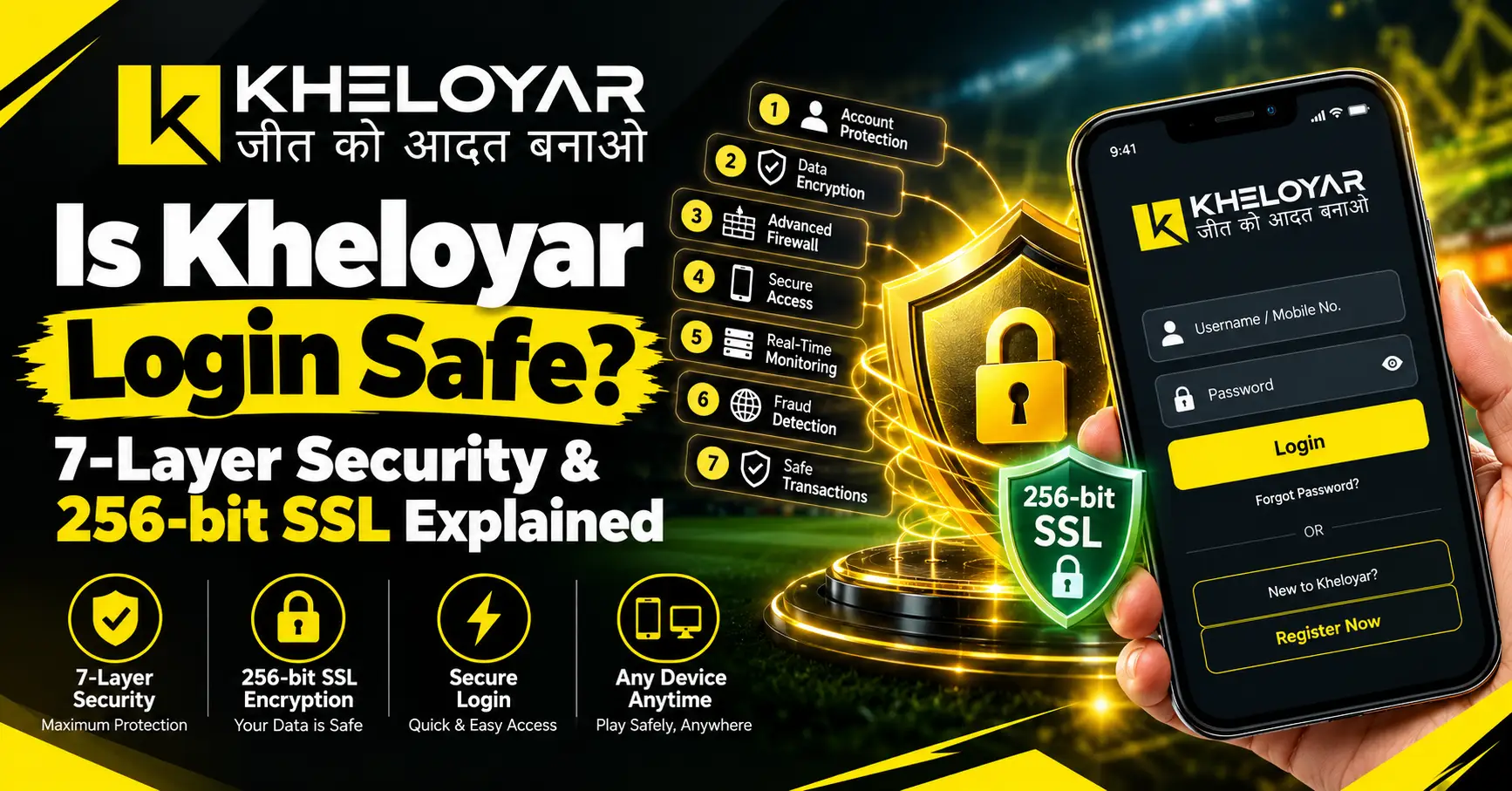Kheloyar Login Safe showing 7-layer security checklist with 256-bit SSL encryption and secure login process on mobile
