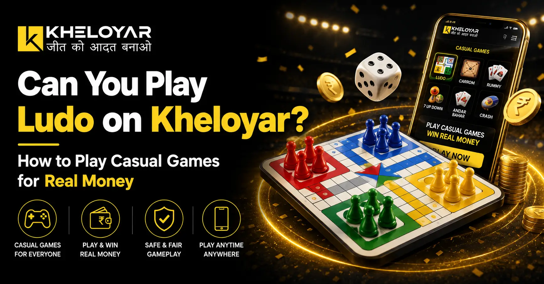 Ludo board with dice and tokens showing can you play ludo on kheloyar casual games like kheloyar ludo game on mobile app
