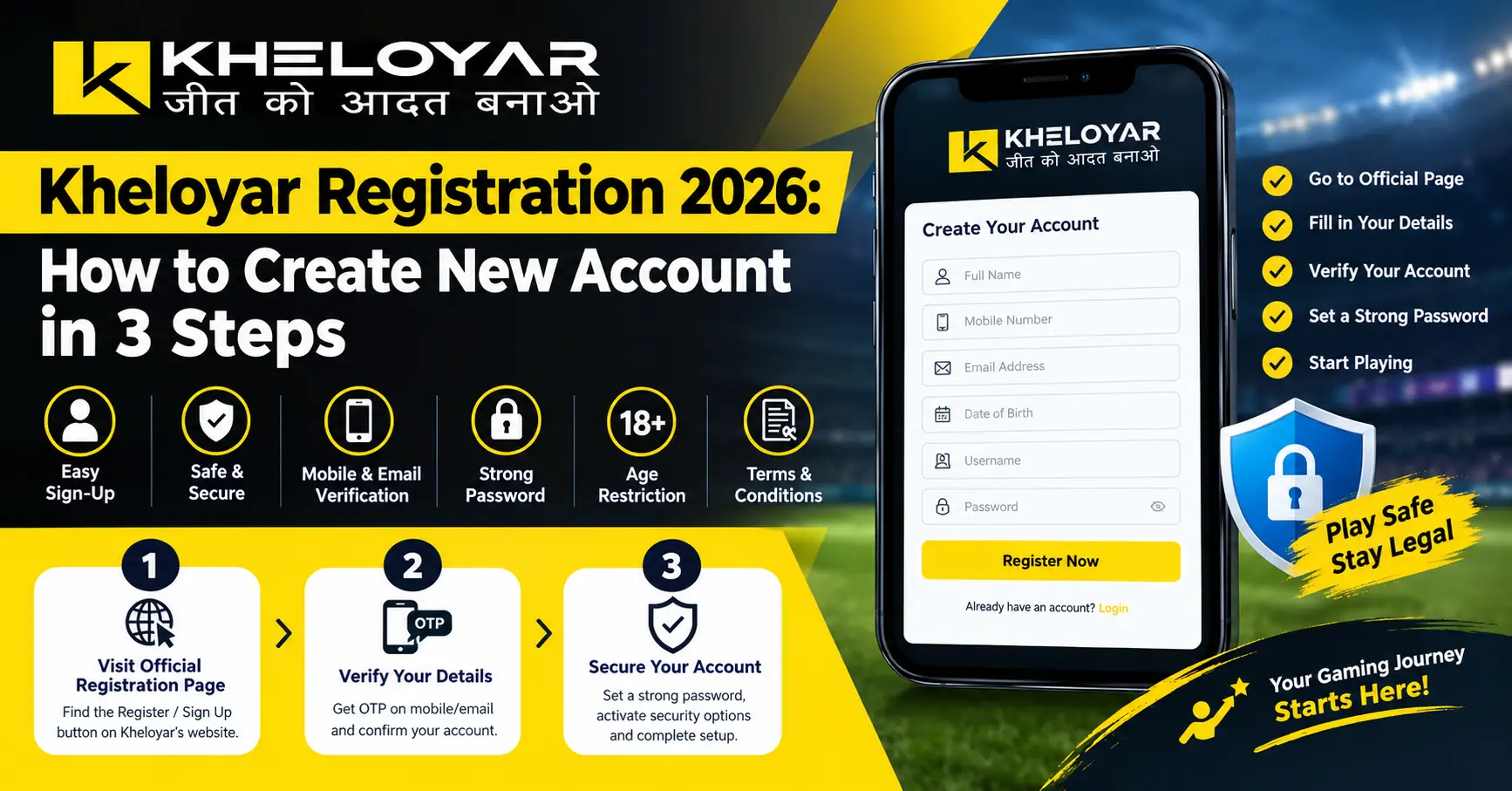 Kheloyar Registration 2026 guide showing three steps to create a new account, verify details, and secure the account