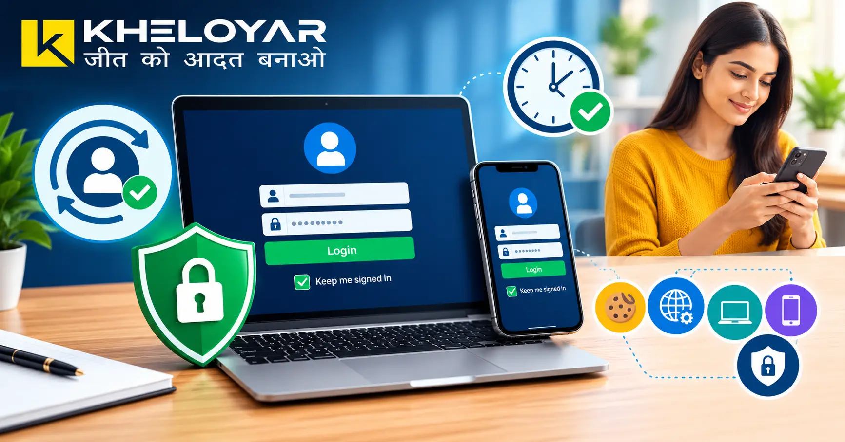 Kheloyar auto login and session management on laptop and mobile with account security icons