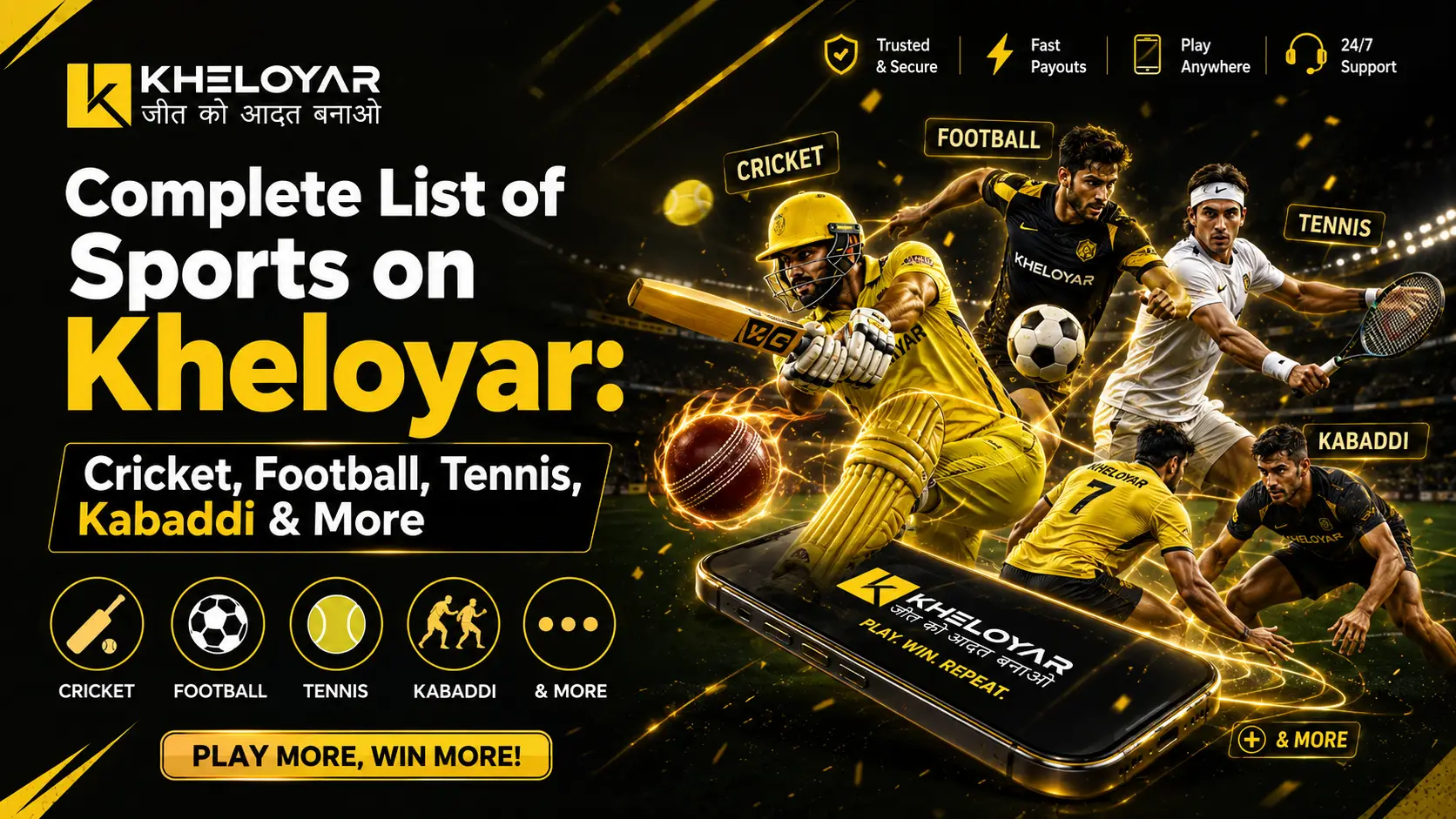 Complete list of sports on Kheloyar including cricket, football, tennis, kabaddi and more betting options
